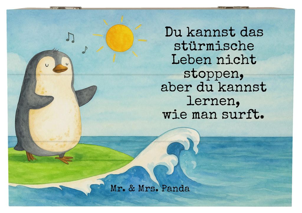 Mr. & Mrs. Panda Holzkiste Pinguin Surfer Design 22 x 15 cm - Weiß - Geschenk, Urlaub, schatztruhe, geschenkkiste, Motiviert, Optimistisch, Gesche...