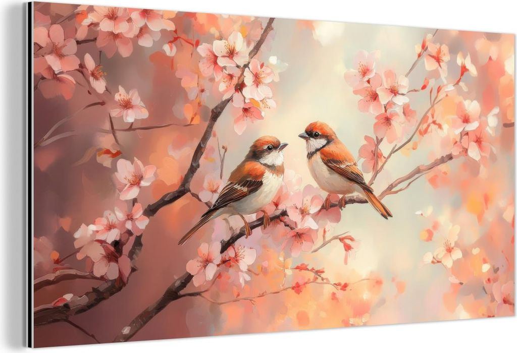 MuchoWow Wanddekoration Metall Metallbild Wandkunst 80x40 cm Vögel - Romantisch - Blühende Zweige MuchoWow Aluminium Gemälde - Wanddekoration - ...