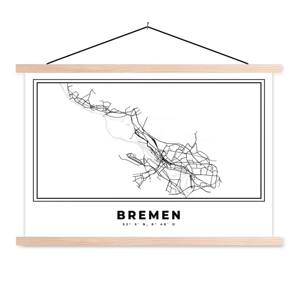 MuchoWow Textilposter Stadtplan - Bremen - Schwarz und weiß - Karte 120x80 cm mit holzfarbenen Rahmen - Aufhängeset