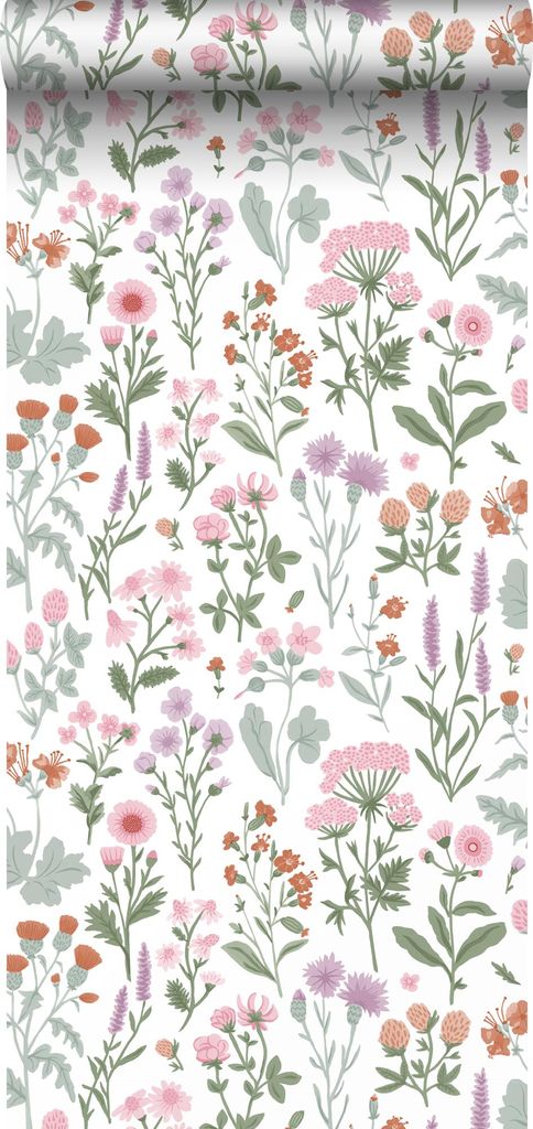 Sanders & Sanders Tapete Feldblumen Grün, Rosa und Lila 50 x 900 cm