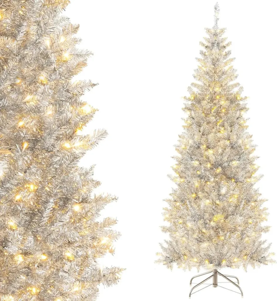 Sapin de Noël étroit 180 cm argenté guirlande et LED blanc chaud
