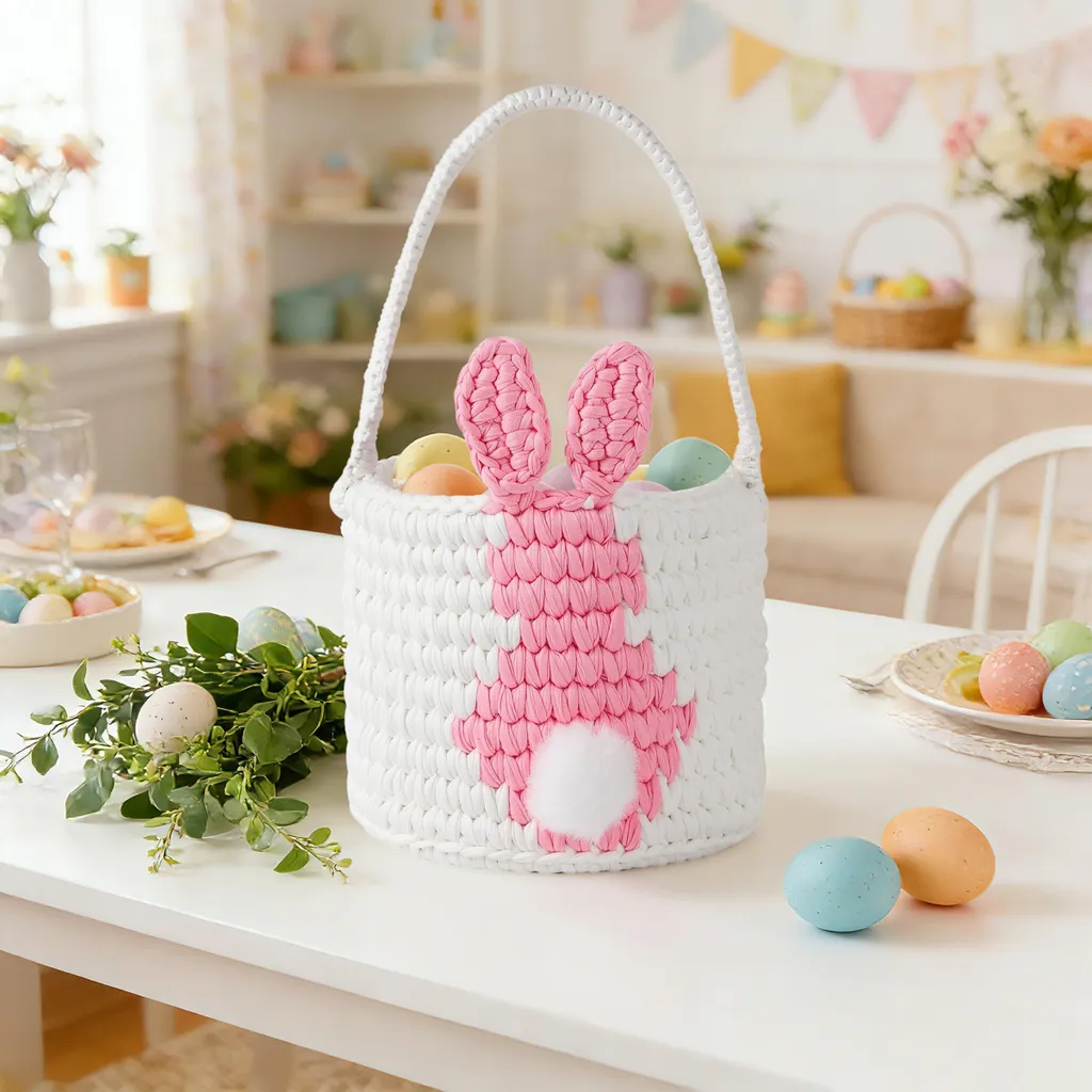 Panier de Pâques au crochet rose avec anse pour enfants et décoration