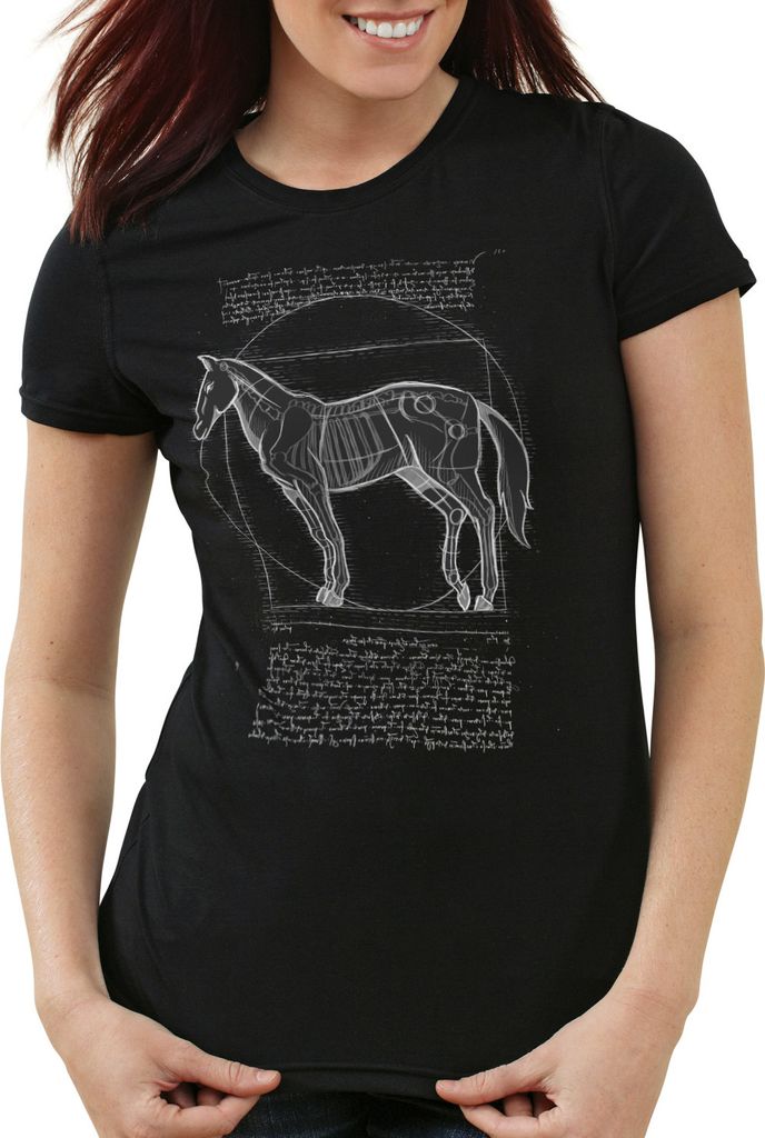 style3 Vitruvianisches Pferd Damen T-Shirt stute hengst pony reiten, Farbe:Schwarz, Größe:S