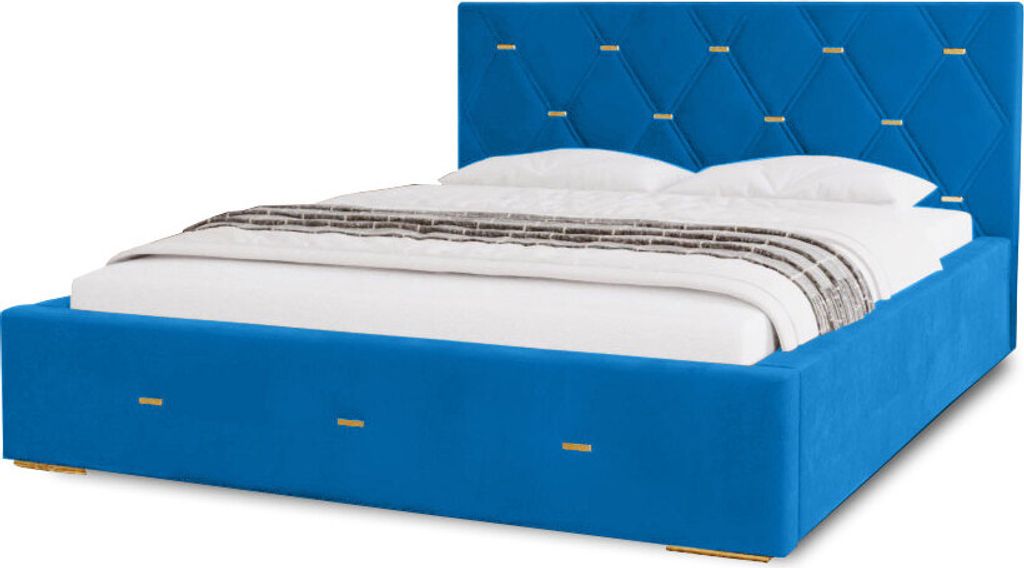 Polsterbett Golden Premium 120x200 cm, Bett mit Kopfteil, Doppelbett mit Bettkasten, Matratze und Lattenrost aus Holz, Velourstoff: Blau