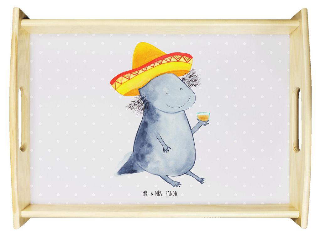 Mr. & Mrs. Panda Tablett Axolotl Tequila - Grau Pastell - Geschenk, Urlaub, Mexiko, Party, betttablett, Bett-Tablett, trinken, Mexico, Deko, holz, ...