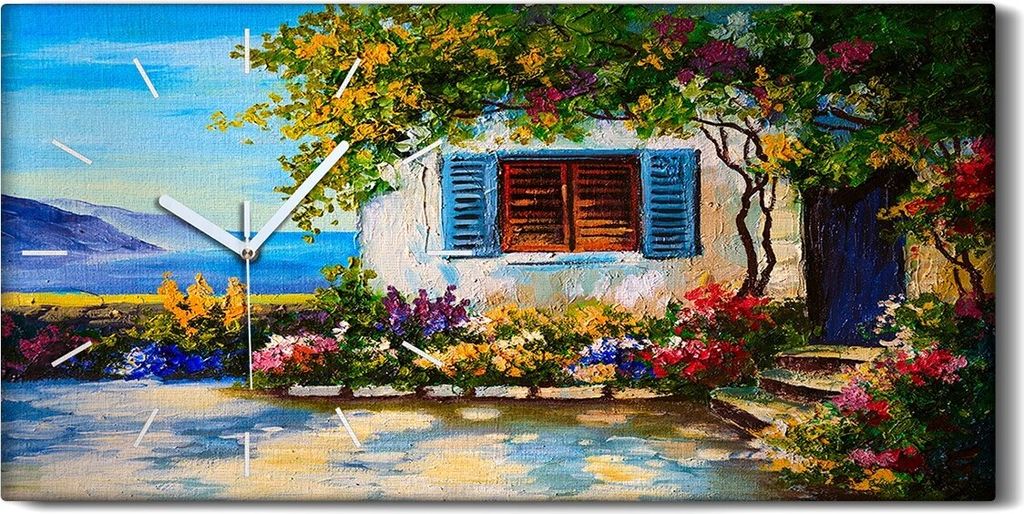 Wandbild Leinwand Bilder mit Uhr 60x30 Ölgemälde Blumen Bäume Meer Himmel - weiße Hände