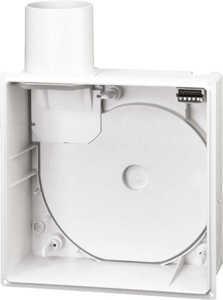 A white ventilation unit with a circular fan inside, shown from the front with the duct opening at the top.