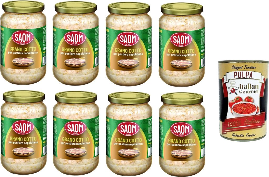 Saom Grano Cotto per Pastiera Napoletana gekochter Weizen für neapolitanische Pastiera 8x560 gr+ Italian Gourmet polpa 400g