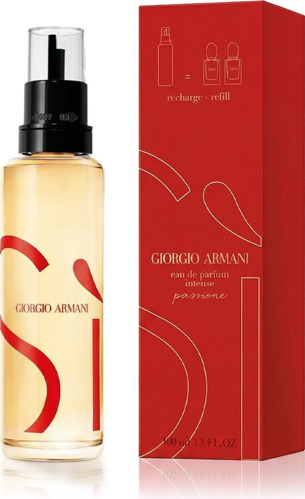 A bottle of Giorgio Armani Sì Passione Intense Eau De Parfum and its red packaging.