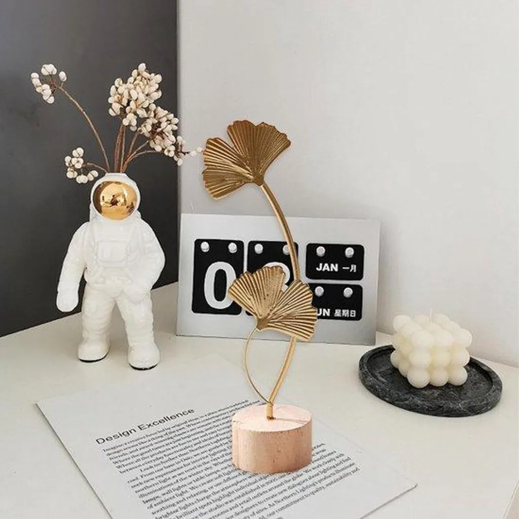 Feuille de Ginkgo décorative en métal argenté, relief 3D fait à la main