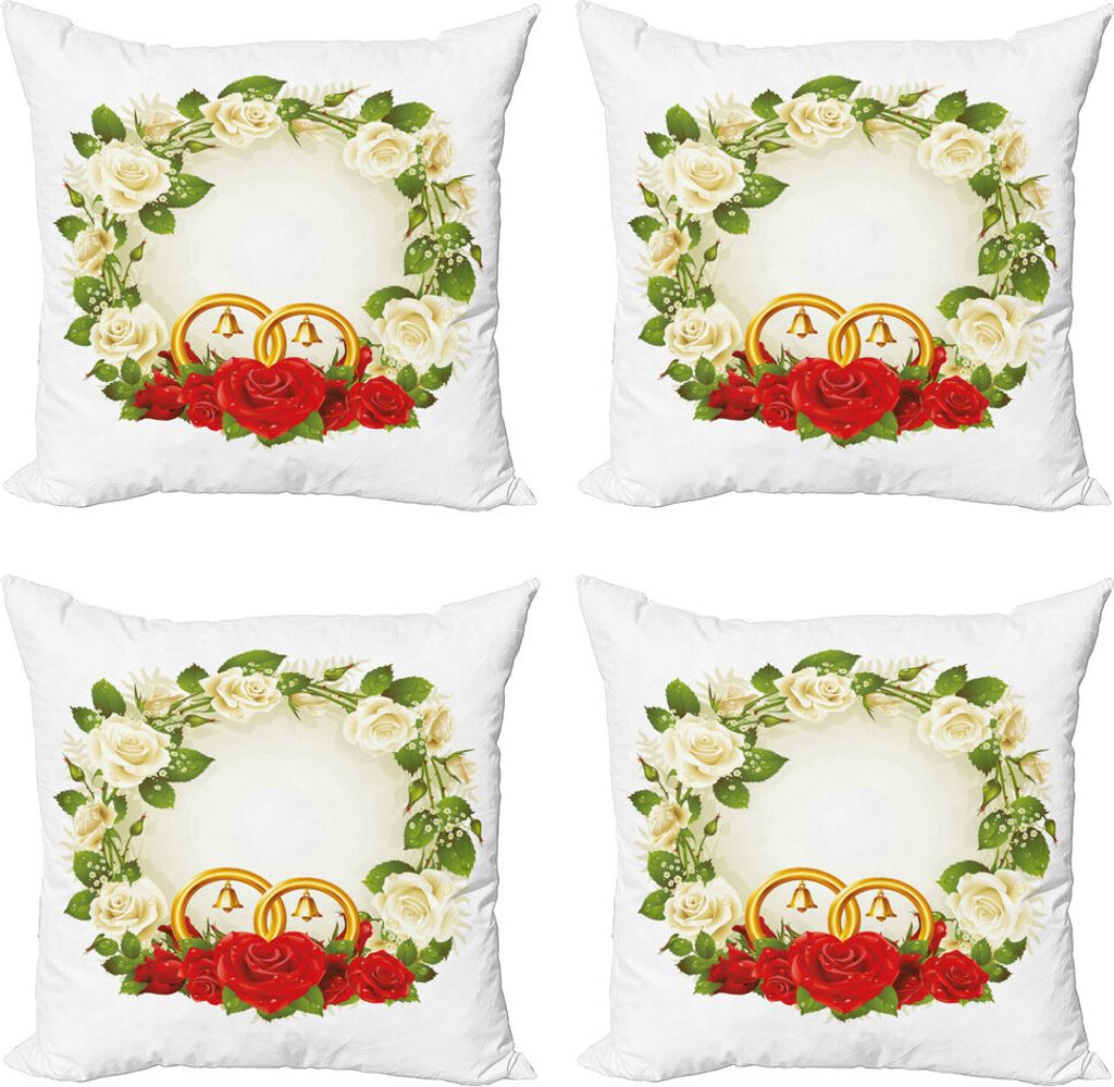 ABAKUHAUS Hochzeit Kissenbezug Set (4 Stück), Rosen Trauringe, Moderner Doppelseitiger Digitaldruck, 50 cm x 50 cm, Weiß, Grün, Rot