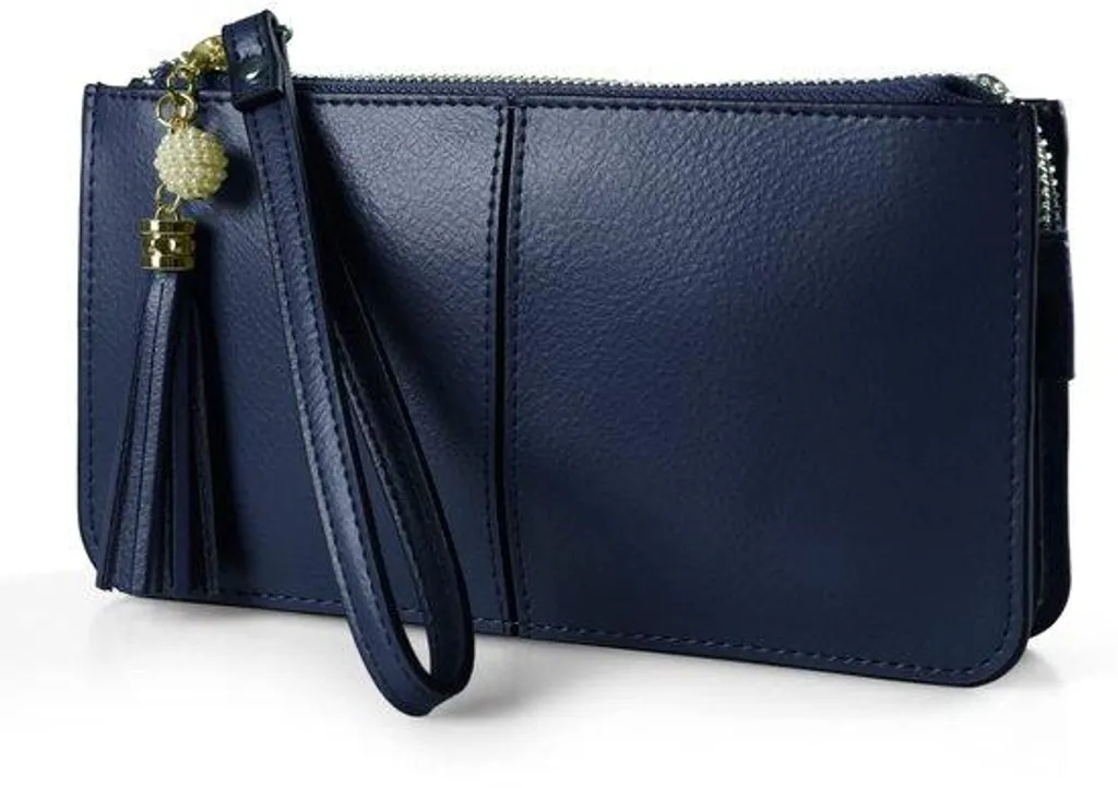 Pochette cuir avec rangements cartes et bandoulière amovible bleu marine