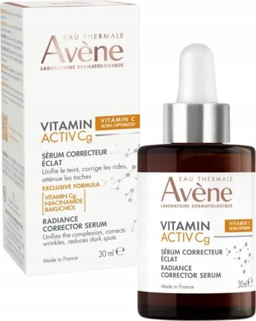 A product shot of an Avène Vitamin Activ Cg Radiance Corrector Serum bottle and its packaging.