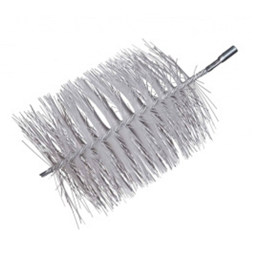 A cylindrical brush with white bristles and a metal handle, isolated on a white background.