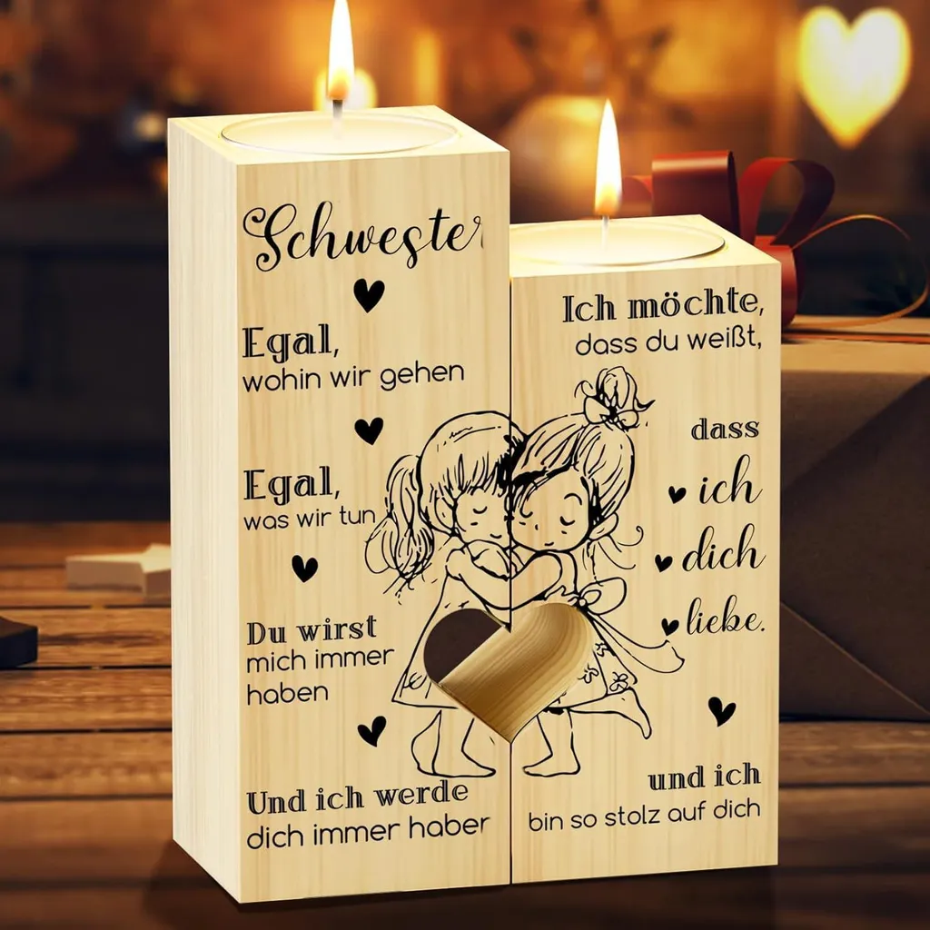 Bougeoir Cœur Double en Bois Gravé - Idée Cadeau Anniversaire Sœur