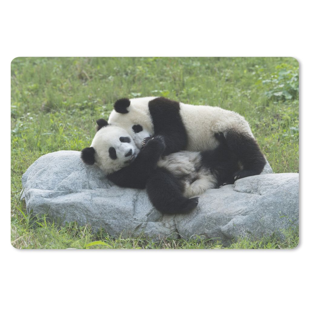 MuchoWow Schreibtischunterlage Pandas - Gras - Stein 60x40 cm - XXL Mauspad - Großes Mauspad
