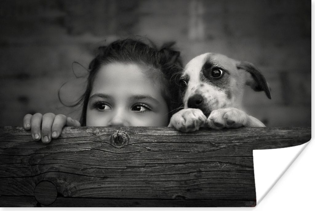 MuchoWow Poster Freundschaft zwischen einem Mädchen und einem Hund in Schwarz und Weiß 60x40 cm - Schlafzimmerdekoration