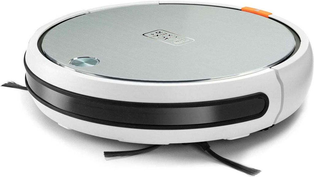 A white and silver robot vacuum cleaner is shown from a slightly elevated side angle on a white background.
