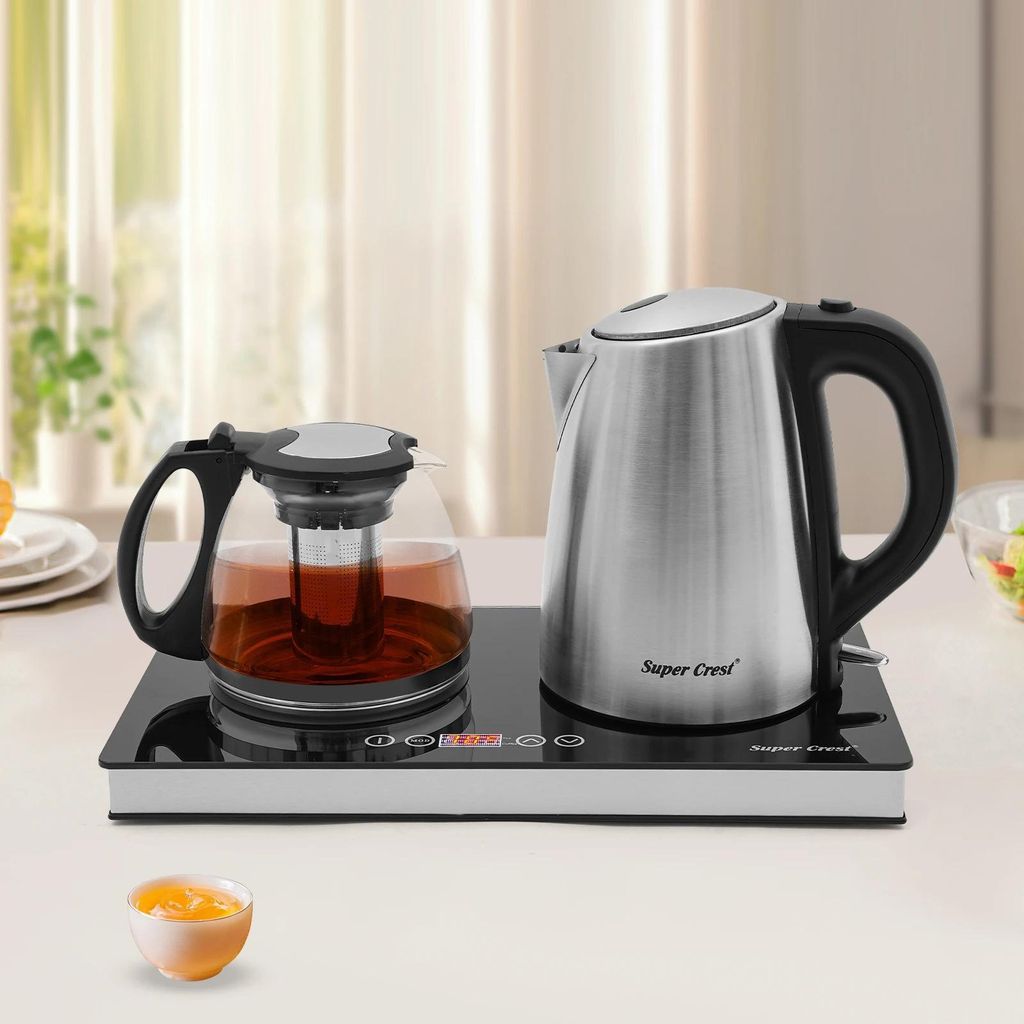 Doppel-Wasserkocher Set - Elektrischer Wasserkocher - 2 Kannen 1,8 l + 1 l - 1800 W - Glas & Edelstahl - Touch/LCD - Warmhalten 70–80 °C - EU-St...