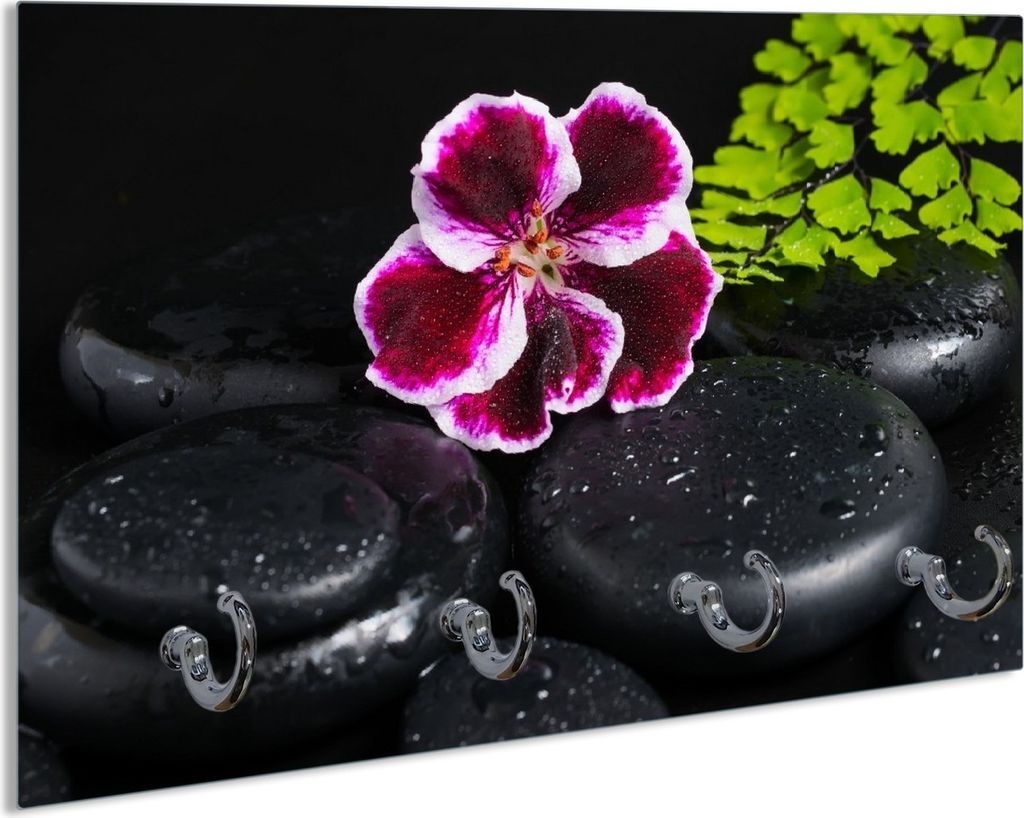 Wallario Schlüsselbrett aus Glas, Motiv: Geranienblüte auf schwarzen Steinen, benetzt mit Wassertropfen, 30 x 20 cm mit 4 Haken