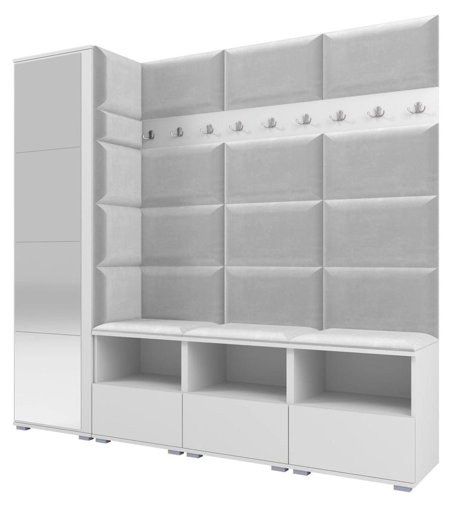 Garderobe NELA IX 200 cm Modulare Flurmöbel Weiß mit Spiegel & Sitzpolster Hellgrau 32 (Breite Sitzbank)