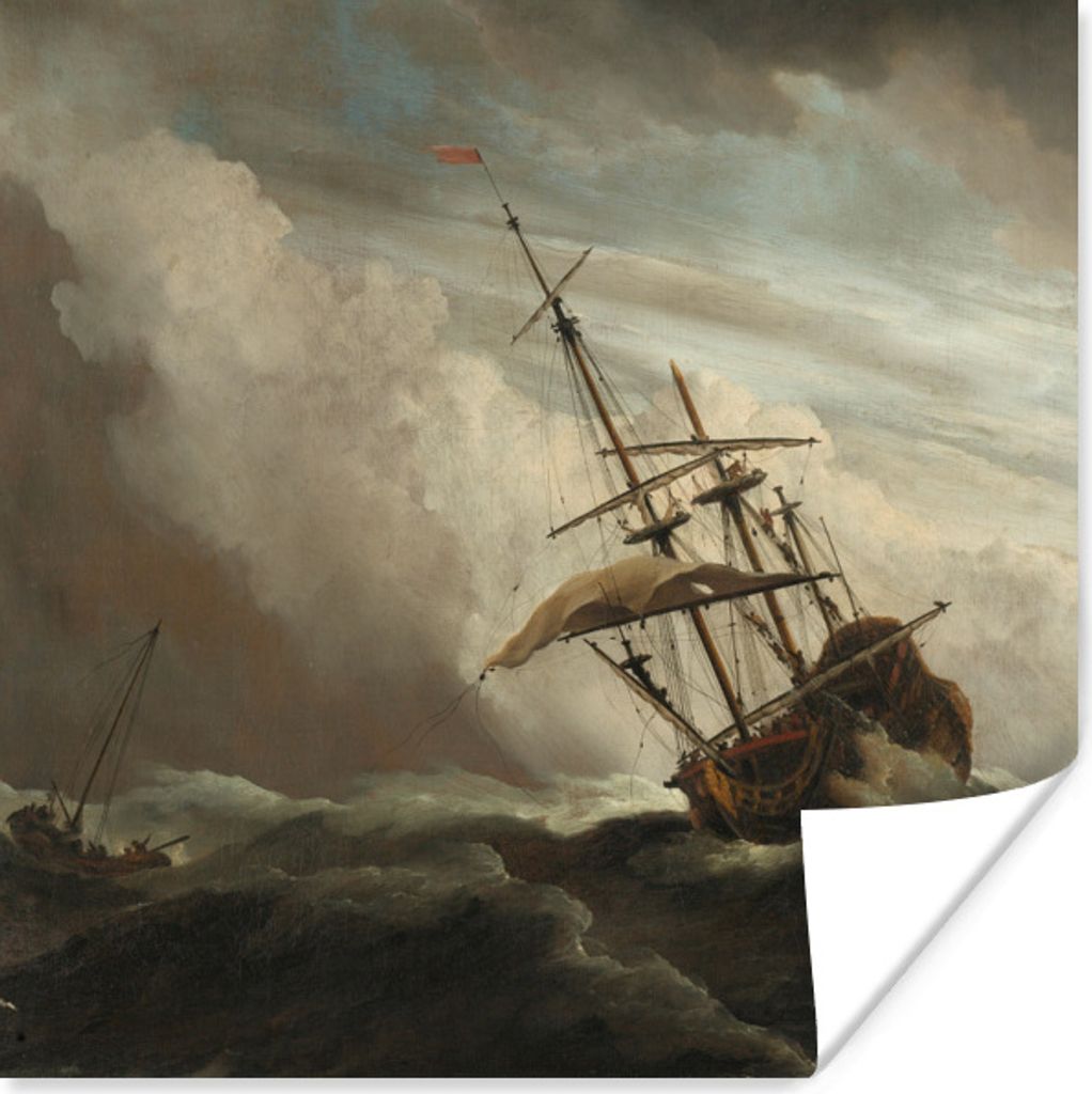 MuchoWow Poster Ein Schiff auf See in einem fliegenden Sturm - Gemälde von Willem van de Velde 75x75 cm - Wand Dekoration