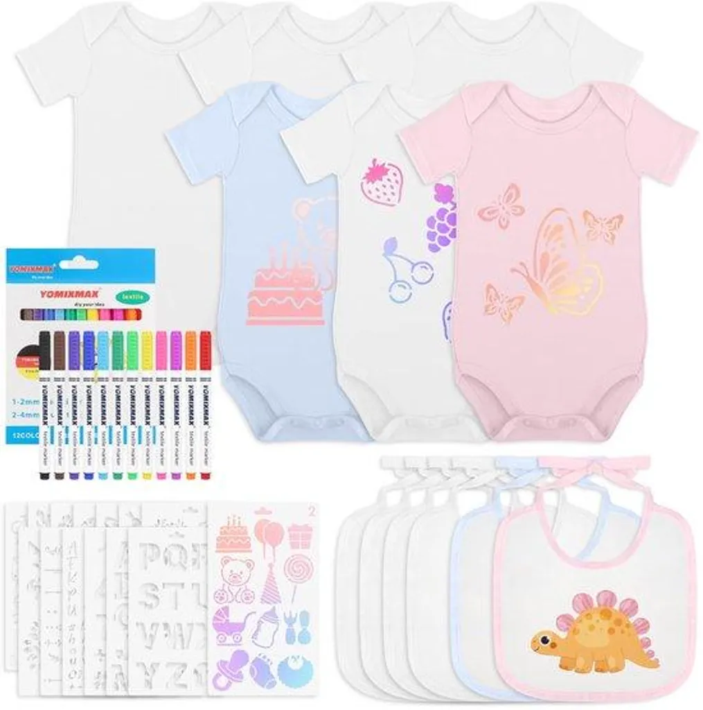 Kit 12 Pinceaux Bébé avec 6 Body en Coton Double Épaisseur pour Peinture