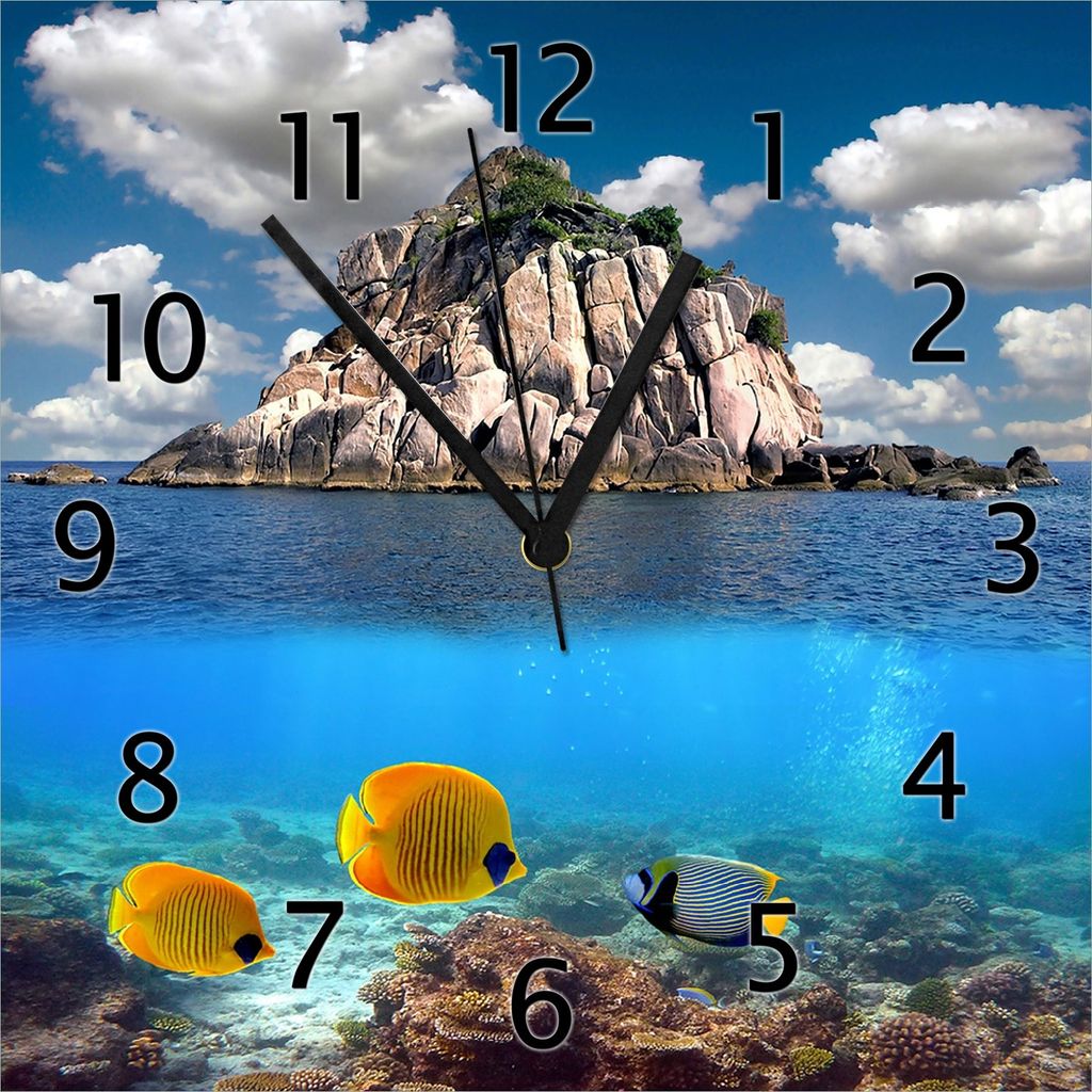 Wallario Design Wanduhr Exotische Fische im Meer aus Echtglas, Größe 30 x 30 cm