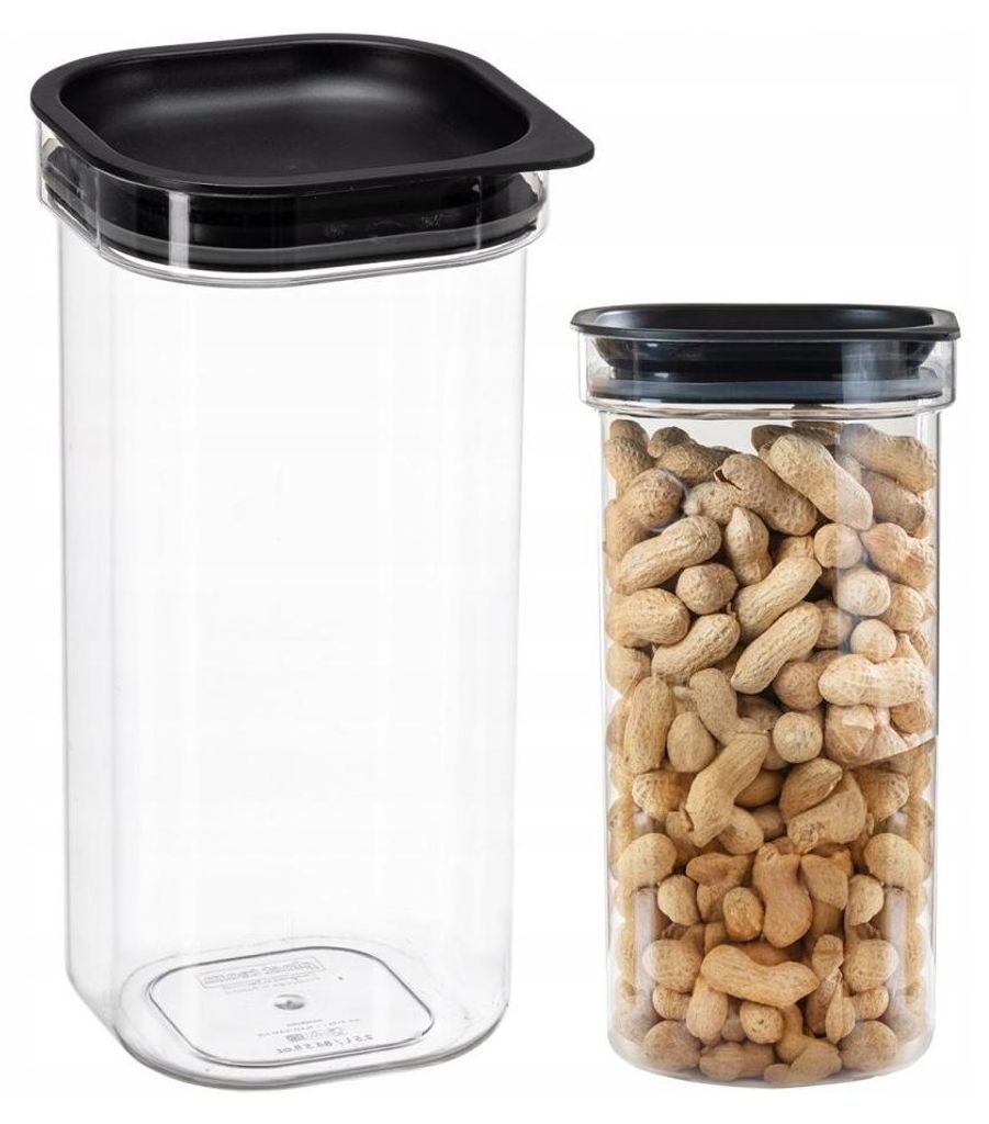 Two clear plastic storage containers with black lids are shown against a white background. One container is empty, and the other is filled with peanuts.
