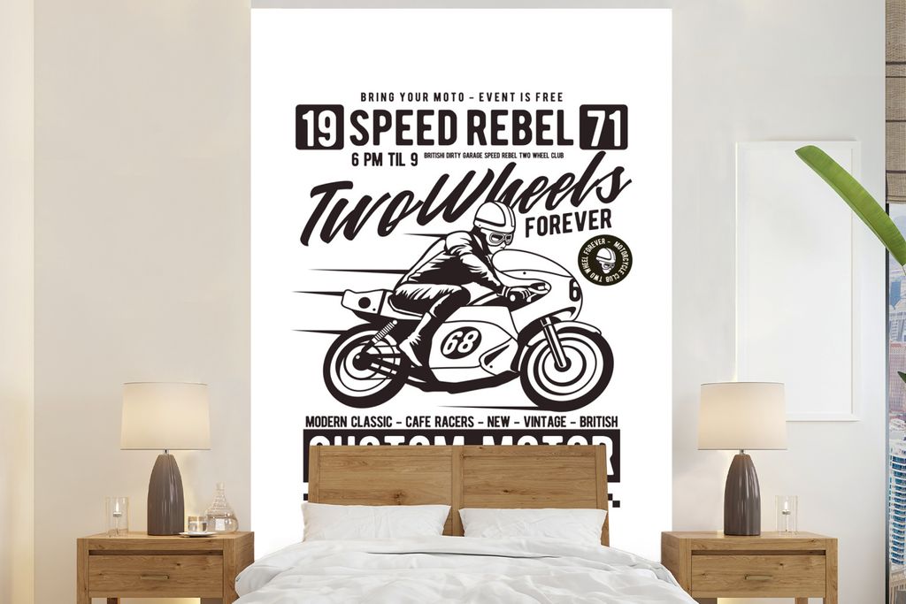 MuchoWow Fototapete für Wohnzimmer oder Schlafzimmer Wandtapete Vinyl Motivtapete Motorrad - Mann - Vintage - Zeichnung - 170x260 cm - Wohnzimme...