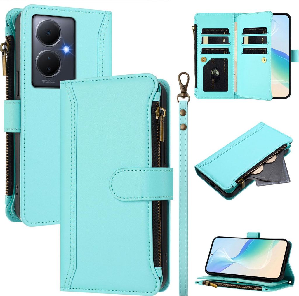 Handyhülle für Vivo V29 Lite/Y78+ Reißverschluss Geldbörse Kunstleder Klapphülle mit Kartensteckplatz, Ständer, Handschlaufe Türkis