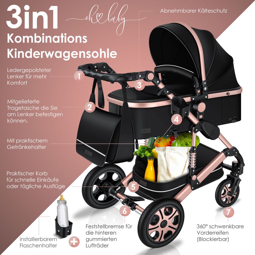 Magic ZC 3in1 Kinderwagen Black Gold - Kombikinderwagen Mit Babywiege & Sportsitz