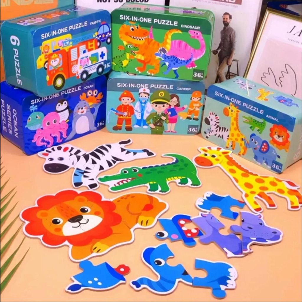6-in-1-Puzzle für Babys, Tiermuster, bunter Druck, pädagogisches, praktisches Puzzle-Spielzeug