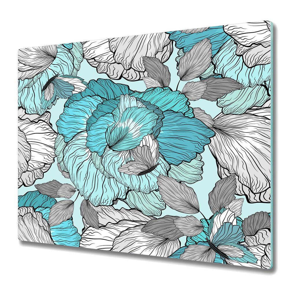 Küche Teller - Schneidebrett Glas - Herd Abdeckung - 60x52 - Skizze von Blumen blau