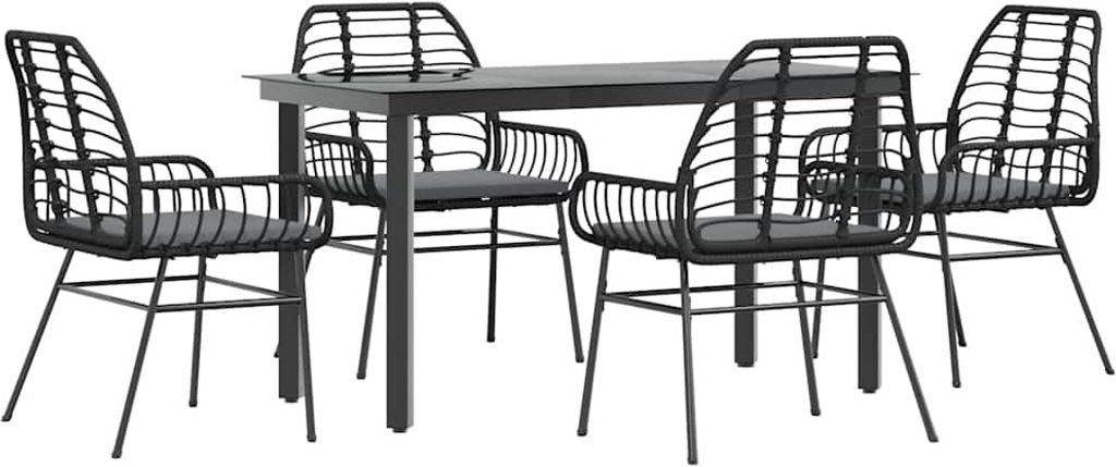 vidaXL 5-tlg. Garten-Essgruppe mit Kissen Schwarz Poly Rattan Glas