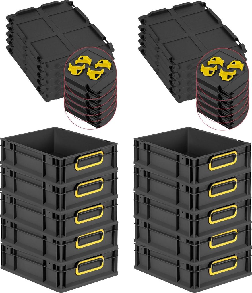 SparSet 10x Eurobox NextGen Color mit Auflagedeckel und Schiebeschnappverschlüsse | HxBxT 12x30x40cm | 11 Liter | Schwarz | Griffe gelb geschlosse...