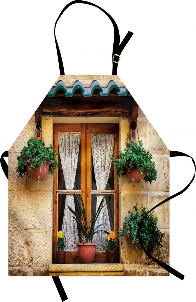 ABAKUHAUS Fensterläden Kochschürze, Korb des Blumen-historischen Gebäude-Fensters mit klassischem Spitze-Vorhang innerhalb des Bildes, Maschiene...