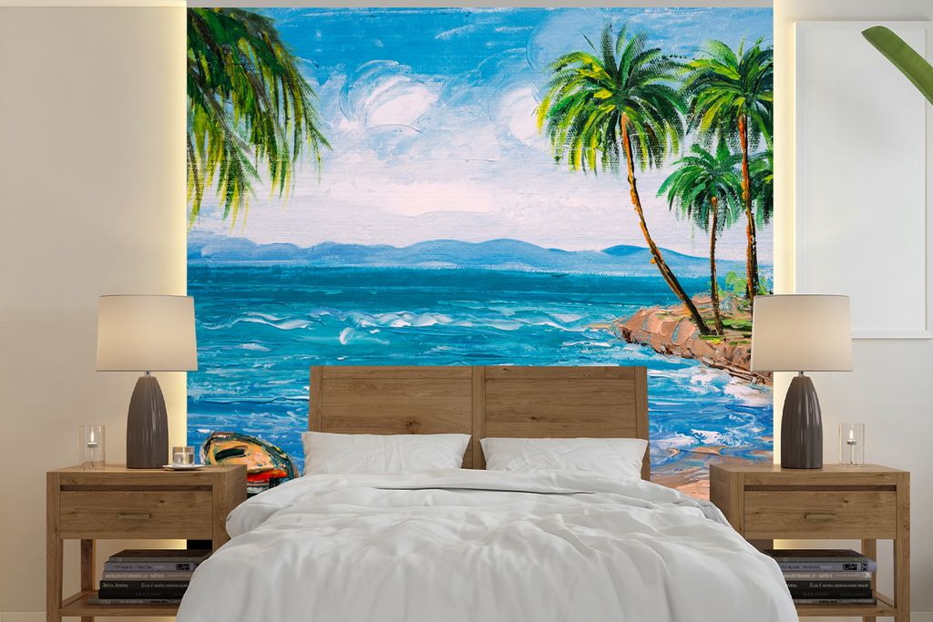 MuchoWow Fototapete für Wohnzimmer oder Schlafzimmer Wandtapete Vinyl Motivtapete Gemälde - Öl auf Leinwand - Strand - Palme - Boot - 240x240 ...