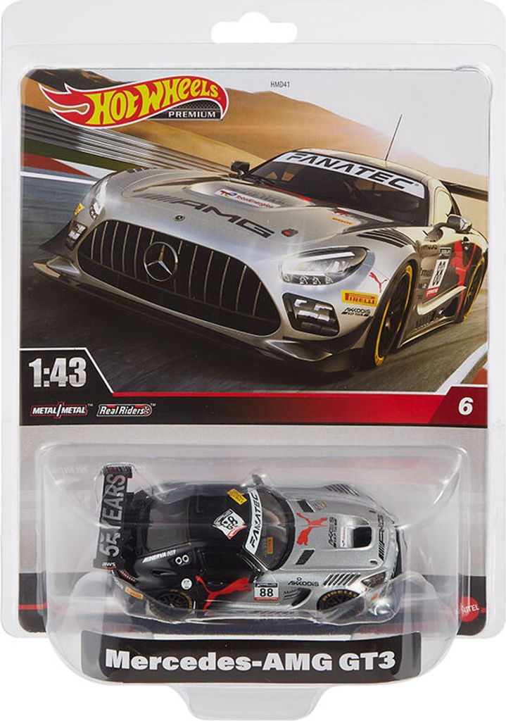 A Hot Wheels Mercedes-AMG GT3 toy car in its packaging, displayed against a blurred background of a race track.