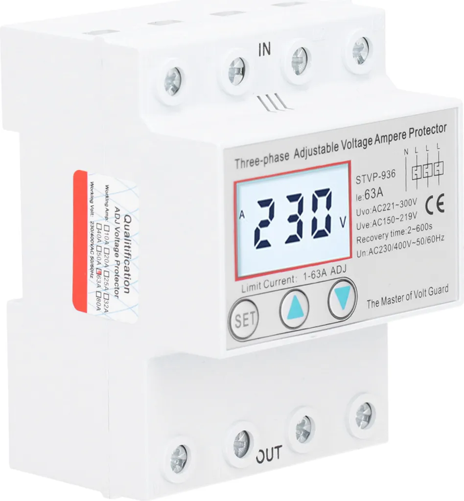 Protecteur de tension réglable LCD - Relais de protection rail DIN 63A