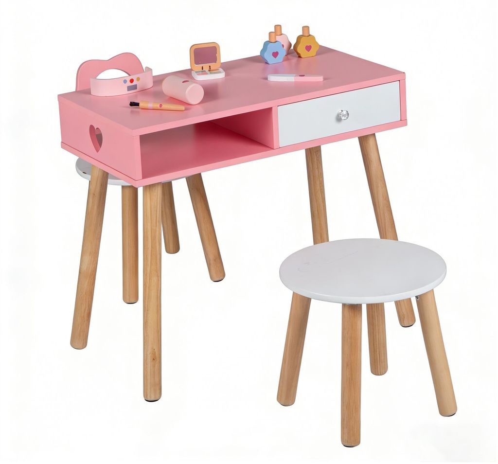 COSTWAY Schminktisch Kinder mit Stuhl, Hocker, Lidschatten, Make-up-Pinsel, Nageltrockner&3 Nagellacken, Manikürtisch aus Holz, für Kinder 3-7, Rosa