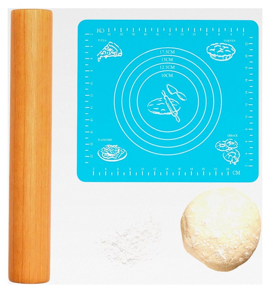 Teigroller aus Holz mit Backmatte, ideal für Kekse, Pizza und Fondant, (30 x 3 cm)