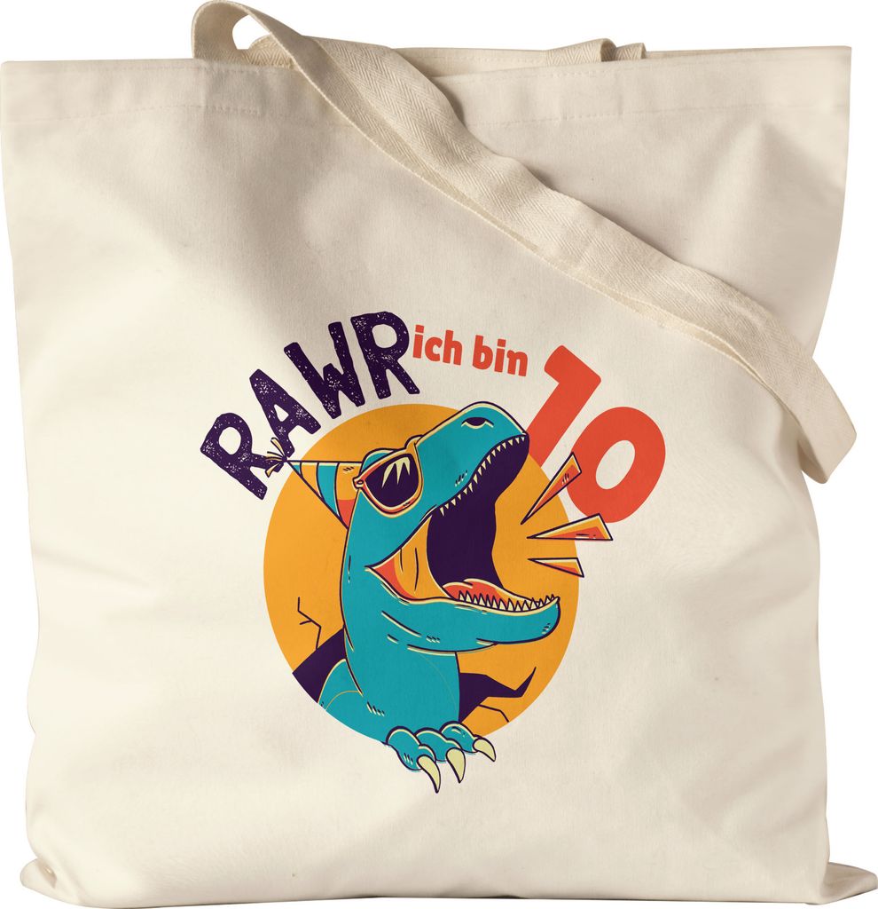 Raw Ich Bin 10 Jutebeutel Stoffbeutel Canvas Geschenkidee 10. Geburtstag Humorvoll Sarkastisch Dinosaurier T-Rex Dino