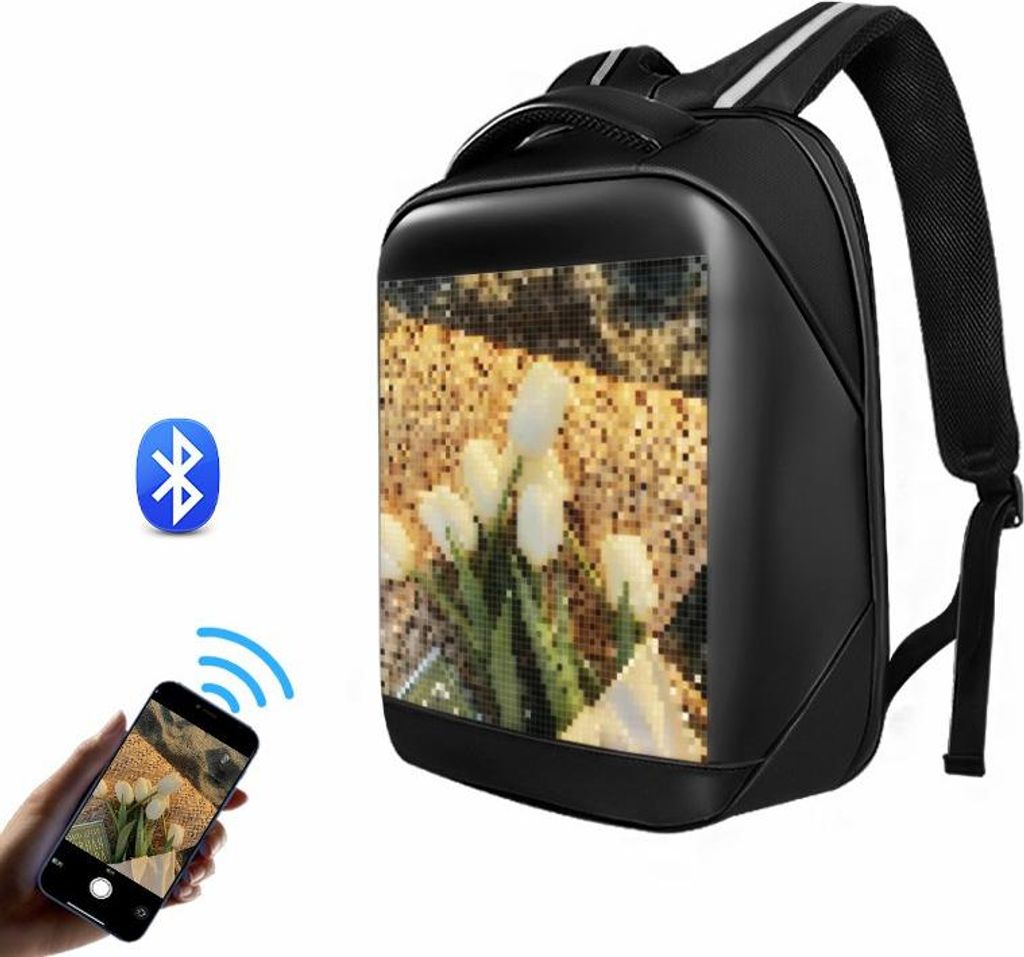 A black backpack with an LED display showing a picture of white tulips, next to icons representing Bluetooth and a smartphone connected via Wi-Fi.