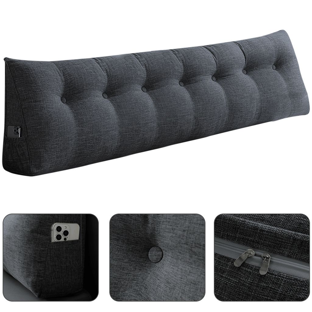 200cm Keilkissen Bett Großes Rückenkissen Bett Lesekissen für Bett und Sofa,Bettkissen Wandkissen Bett Lendenkissen mit Seitentaschen Grau (Leinen)
