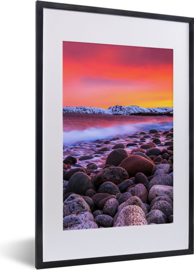 MuchoWow Gerahmtes Poster Sonne - Steine - Schnee - Landschaft - Wasser 40x60 cm - Poster mit Schwarzem Bilderrahmen Wandposter Rahmen Foto Bilde...