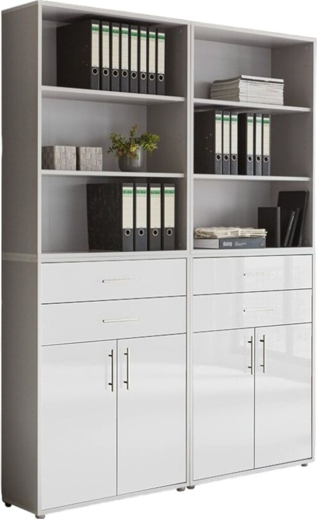 Aktenschrank TABOR 20 in lichtgrau / weiß Hochglanz, Schrankwand, Büroschrank, Metallgriffe