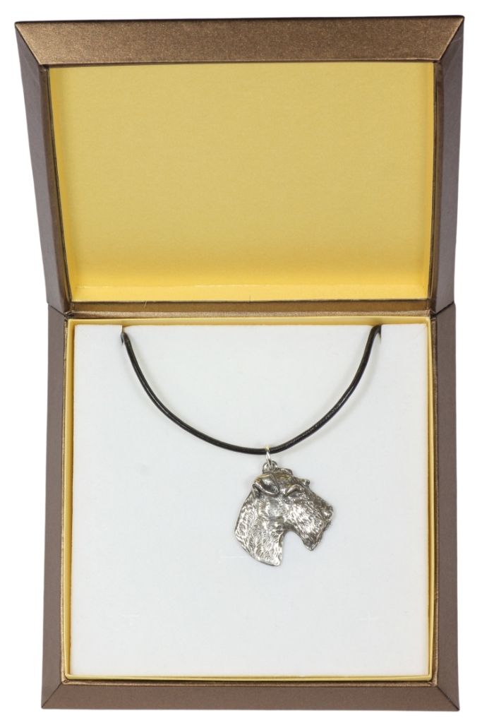 Fox Terrier Drahthaar, Foxterrier - Hundehalsband in Geschenkbox, versilbertes Medaillon für Hundefans, markanter Anhänger der Marke Art-Dog