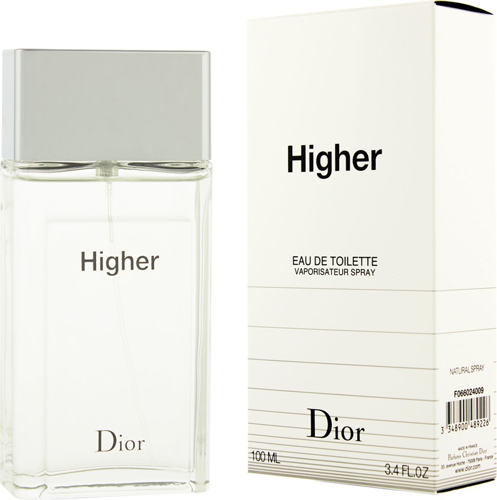 A bottle of Christian Dior Higher eau de Toilette and its packaging are displayed side-by-side against a white background.