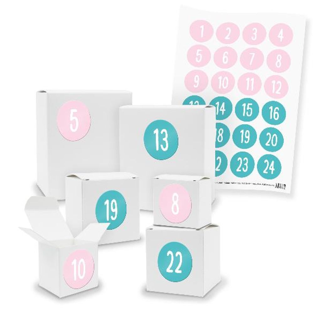 Adventskalender zum Füllen 24x Quader Würfel gemischt WEISS + Sticker (V01 Z42)